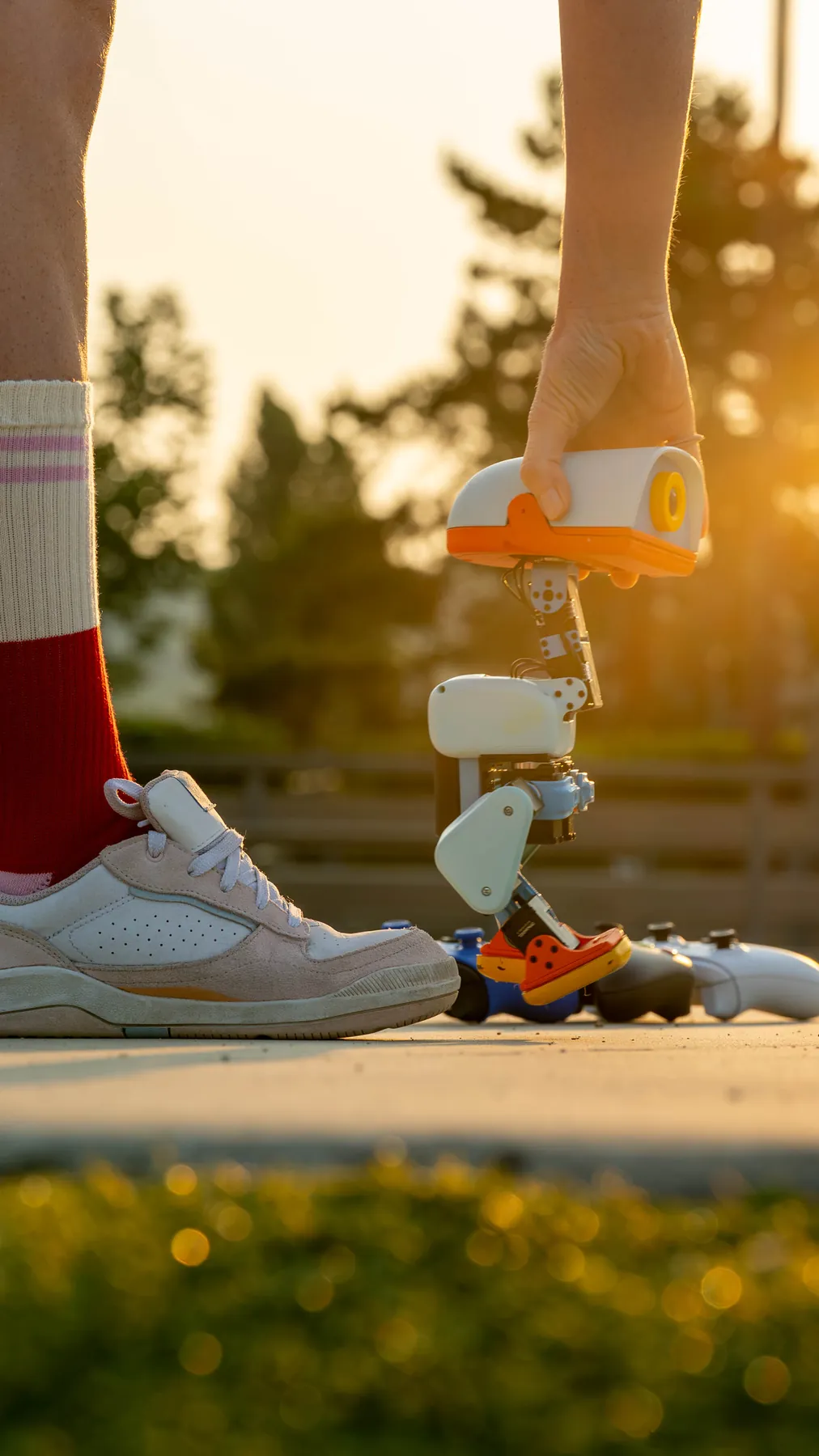 MicroDuck outdoors next to a skater's shoe